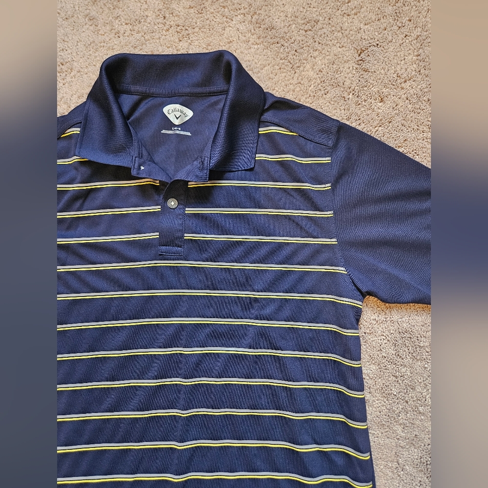 Callaway Mens Large Golf Polo Blue With Grey/Yellow Stripes Short Sleeves Casual